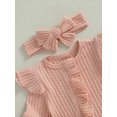 thumbnail image 6 of aturustex Infant Baby Girls Solid Zipper Rompers 0 3M 6M 12M Newborn Ruffles Long Sleeve Jumpsuits Crew Neck Ribbed Bodysuits with Headband Toddler Fashion Casual Basic Daily Spring Fall Clothes, 6 of 7