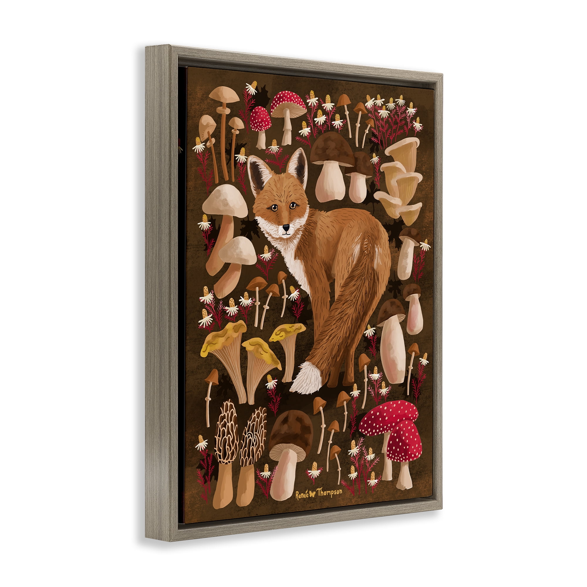 Stupell Industries Fox & Cottage Mushrooms Animals Painting Brown Floater Framed Canvas Art Print Wall Art, 25 x 31