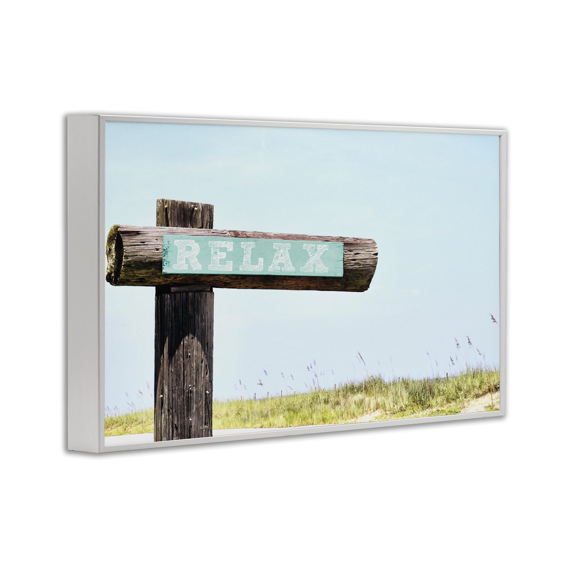 Stupell Industries Relax Sign on Beach Landscape Photography White Framed Art Print Wall Art, 30 x 20