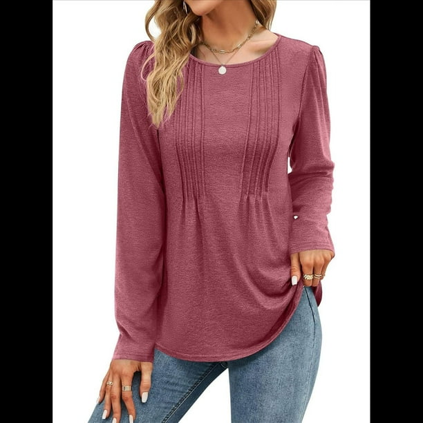 Blusa Tipo Túnica Plisada de Larga Abullonada para Mujer, Cuello Redondo, Estilo Elegante, Informal, Holgada, para Verano Rojo Ladrillo XXL