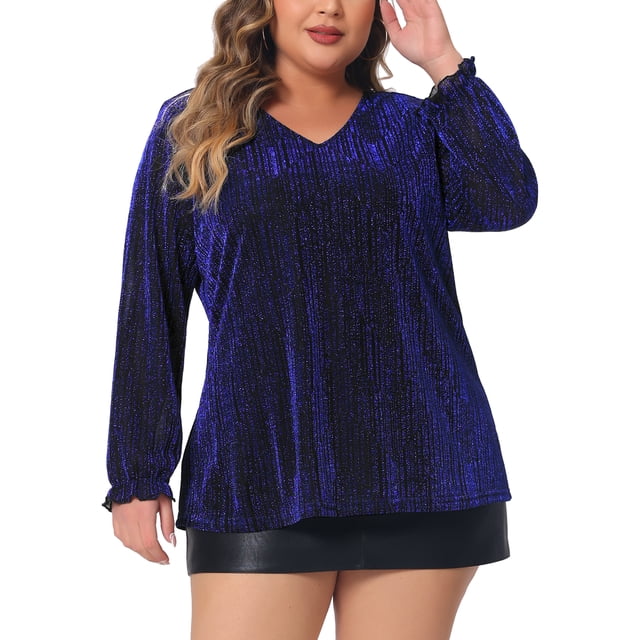 Blusa de fiesta metálica brillante de manga larga con brillo disco para mujer de tallas grandes Agnes Orinda 1X azul