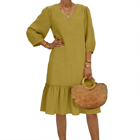 RYRJJ Cotton Linen Dress for Women Summer Trendy V Neck Ruffle Pleated Knee Length Dress Puff 3/4 Sleeves Beach Vacation Dresses(Yellow,M)