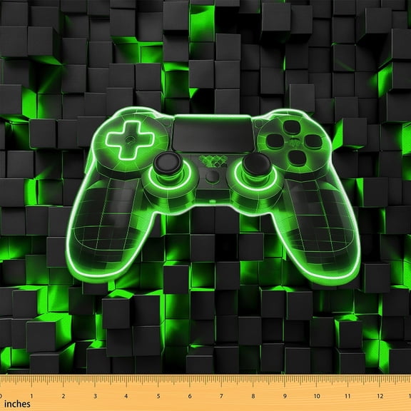 Gamepad Fabric By The Yard,Green Gamer Room Decor Decorative Fabric,Honeycomb Plaid Check Indoor Outdoor Fabric,Neon Lights Upholstery Fabric 1 Yard Teens
