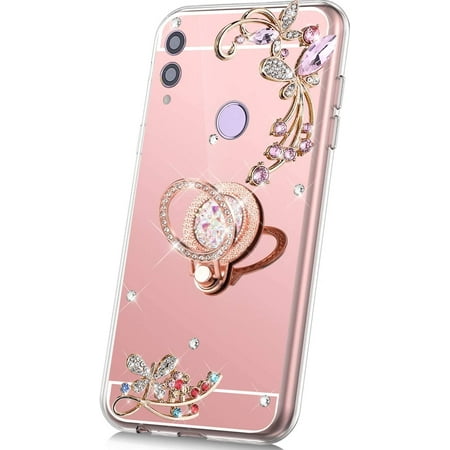 Pikadingnis Case for Huawei Honor 8X Case Glitter,Bling Glitter Flower Sparkle Rhinestone Mirror Back TPU Silicone Case Cover with Ring Kickstand Diamond Crystal Case for Huawei Honor 8X,Rose Gold