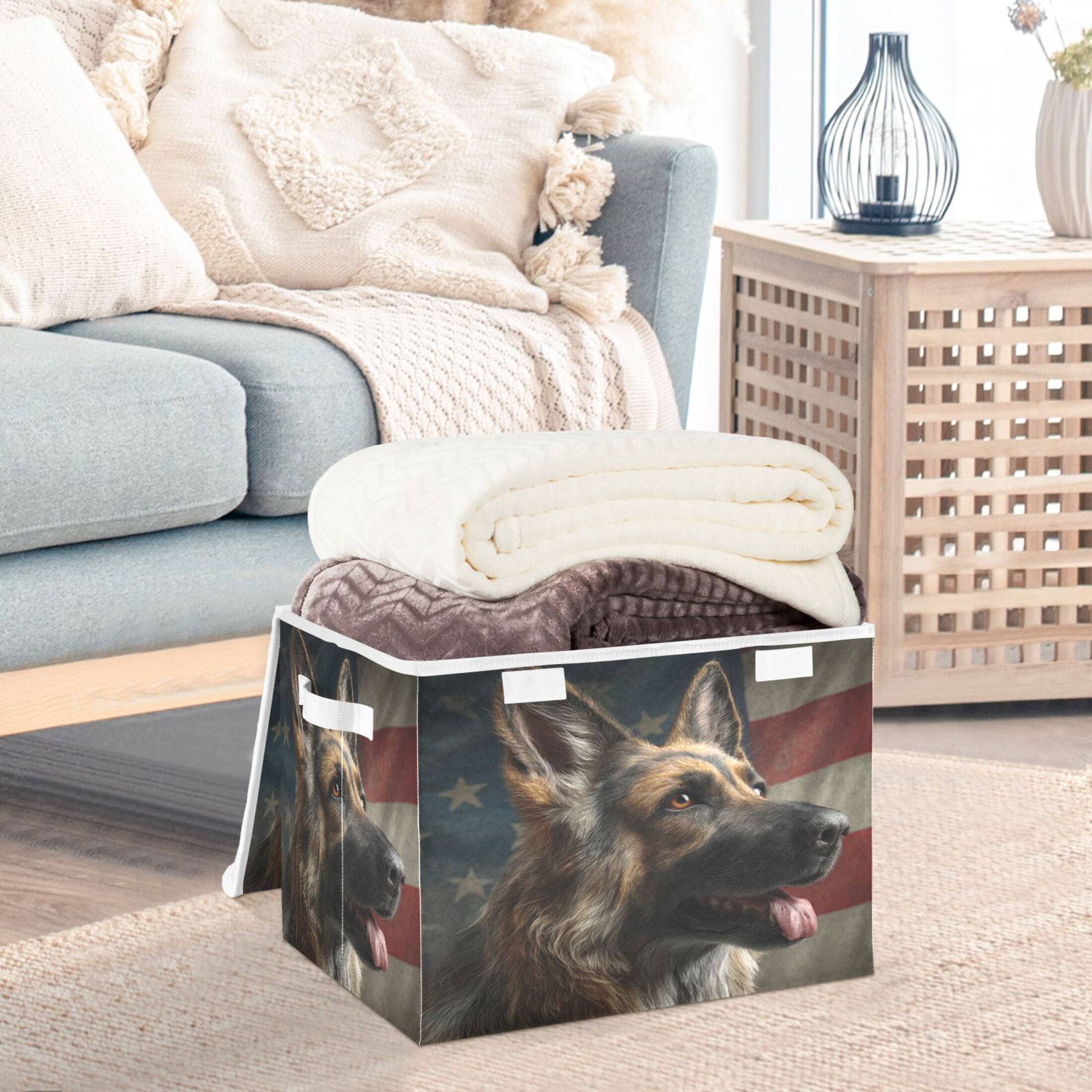 Storage Box With Lid 16.5x12.6x11.8In Lidded Home Storage Bins Foldable Stacked Household Storage Box German Shepherd Photo