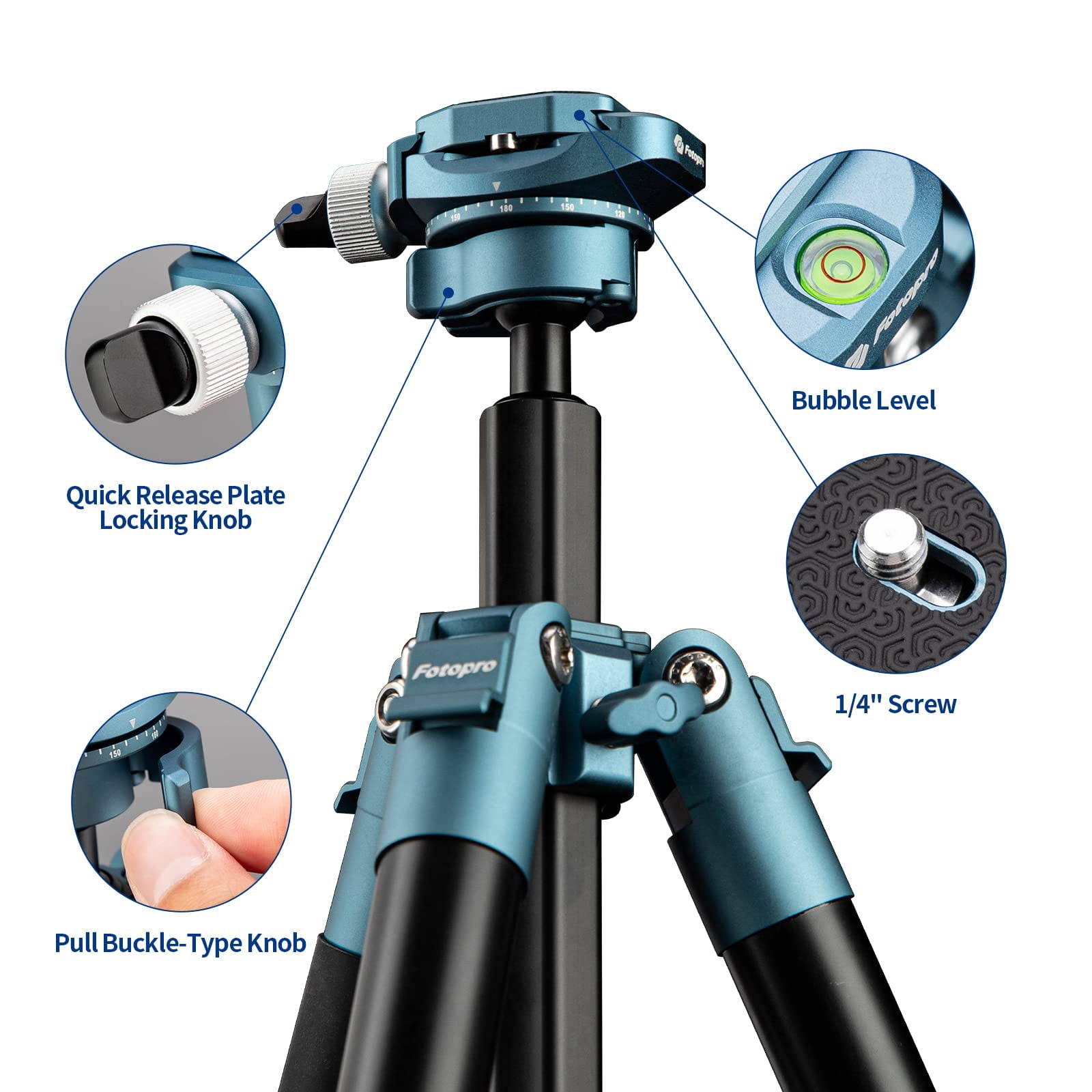 Fotopro 59 Inch Aluminum Portable Tripod, 360 Degree Ball Head DSLR Quick Release Plate Lightweight Camera Tripod for Travel, Blue