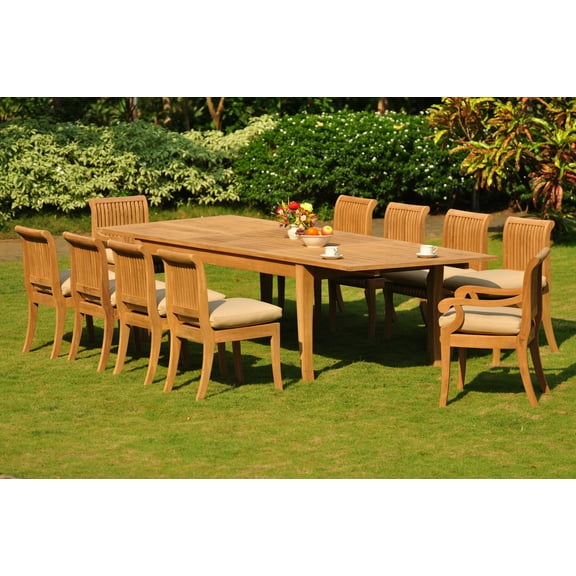 Teak Dining Set: 10 Seater 11 Pc: Large Atnas 118" Dining Rectangle Table Table, 2 Arm & 8 Giva Armless Chairs Outdoor Patio Grade-A Teak Wood WholesaleTeak #WMDSGV56