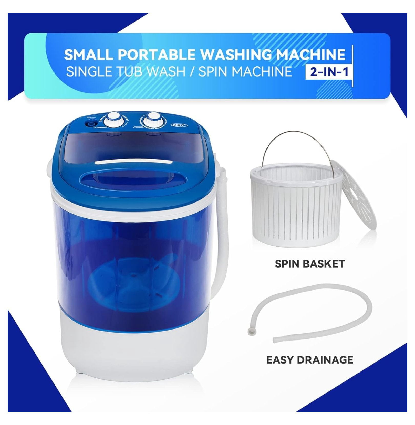 SONGMY 8 lbs Portable Mini Washing Machine - Semi-Automatic Compact Washer Spinner for Apartments, RV, Camping, Single Translucent Tub Blue