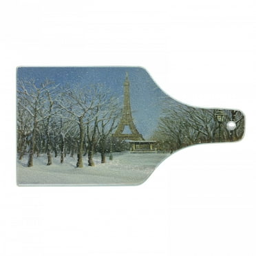 Country Cutting Board, Winter Scene of Historical Eiffel Tower in Paris Snowy City Europe Urban View, Tempered Glass Cutting and Serving Board, Wine Bottle Shape, White Blue Grey, by Ambesonne