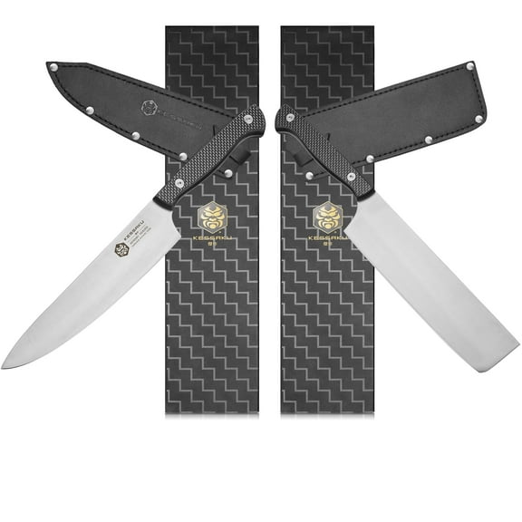 Kessaku 8-Inch Chef and 8-Inch Nakiri Vegetable Cleaver - Senshi Series Knife Set - Forged High Carbon Japanese AUS-8 Stainless Steel - Carbon Fiber G10 Handle with Blade Guards