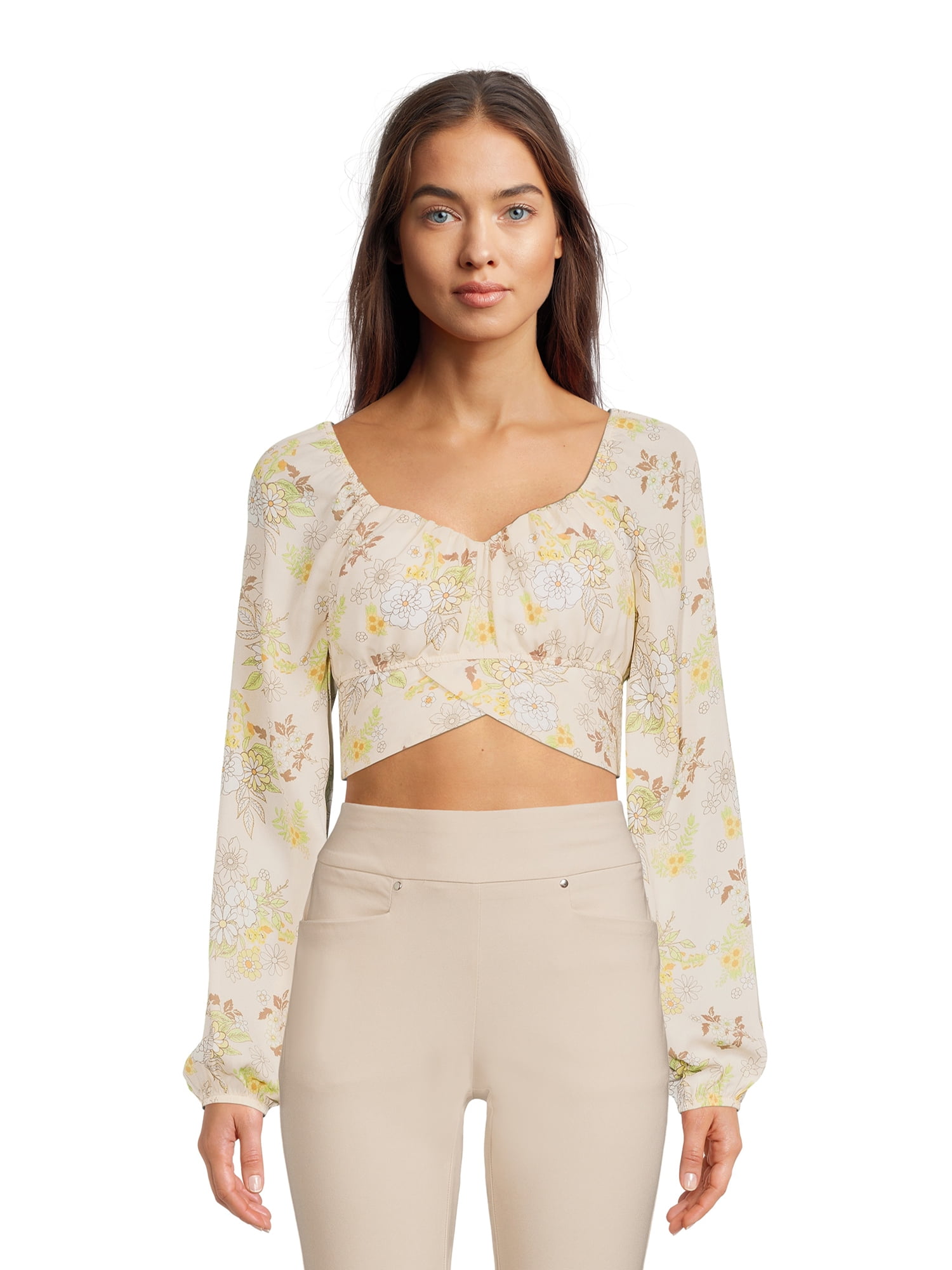 Madden NYC Junior's Cropped Back Tie Top with Long Blouson Sleeves, Sizes XS-XXXL