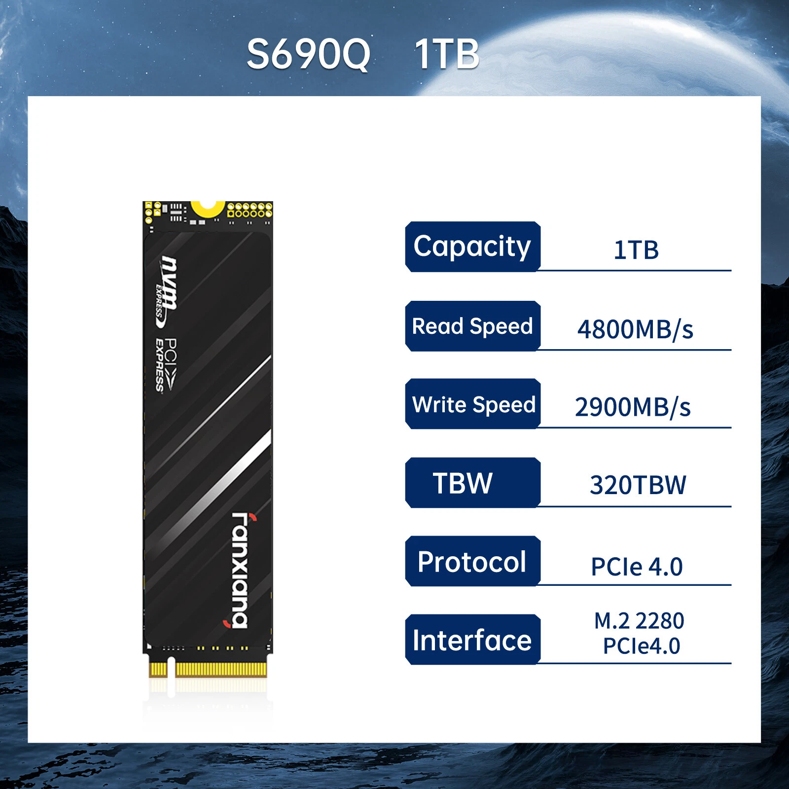 Fanxiang 1TB M.2 NVMe SSD PCIe 4.0 Gen4x4 2280, Up to 4800MB/s Read, 3D NAND with SLC Cache, Compatible with PS5/PC/Laptop Desktop Storage Upgrade
