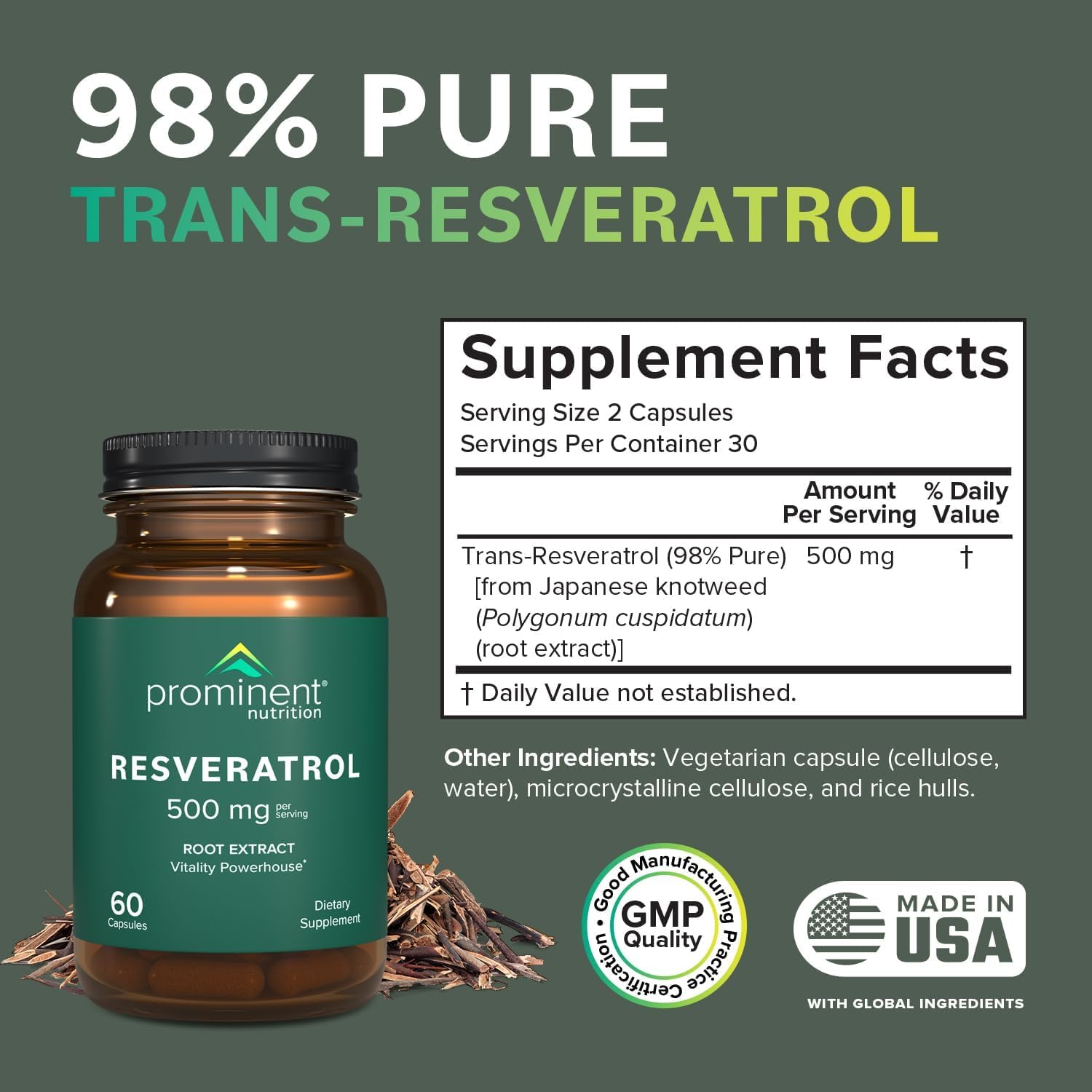 Prominent Nutrition Resveratrol Supplement, Anti-Aging and Immune Support, 98% Pure Trans-Resveratrol Supplement, 500 mg, 30 Day Supply