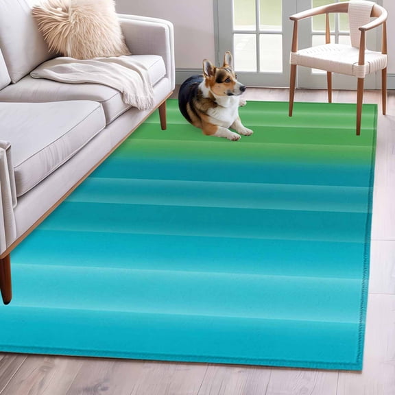 Blue Green Vertical Stripes Area Rugs 4'x6', Washable Small Throw Rugs for Office Bathroom, Modern Art Color Ombre Indoor Outdoor Rug Non-Slip Low Pile Carpet Runner Reversible Floor Mats