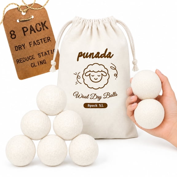 punada XL Wool Dryer Balls 8 Pack, Reusable Laundry Dryer Balls, Reduce Static & Wrinkles, Natural Fabric Softener, Faster Drying for Clothes Towels Bedding