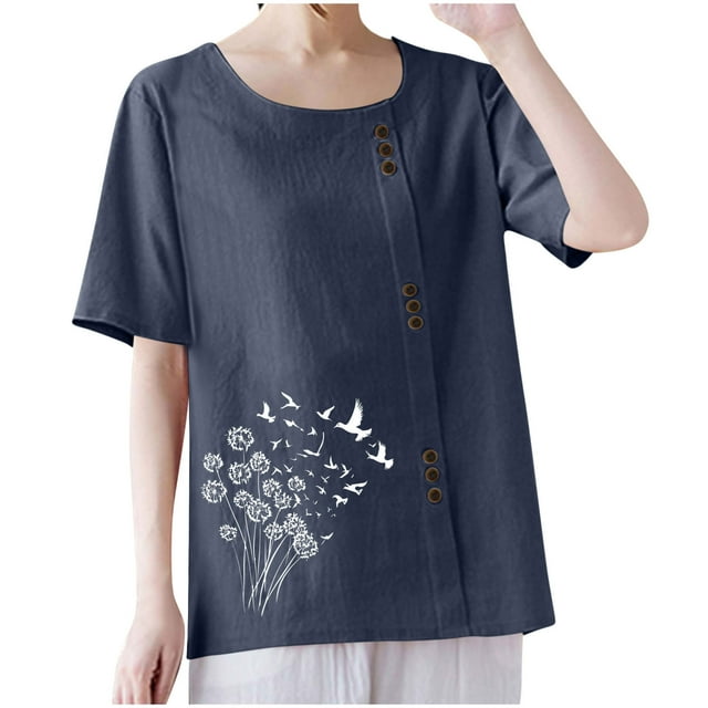 T-shirts en Lin à Col Rond Oversize pour Femmes, Manches Courtes, T-Shirts en Coton, Imprimé Floral, à Boutons, Blouses Tendance