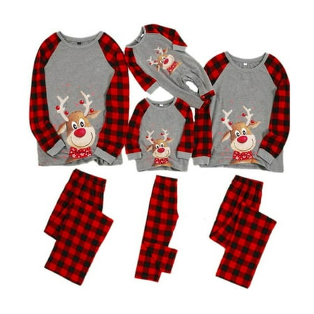 

wsevypo Matching Family Pajamas Sets Christmas PJ s with Deer Long Sleeve Tee and Plaid Pants for Adult Kids Xmas Sleepwear Set