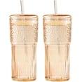 thumbnail image 1 of Vasos de vidrio GOSCHE con tapa y pajita, 20 oz, transparentes, para café helado, vintage, ondulados, para agua, café, té, transparentes, 2 unidades, 1 of 6