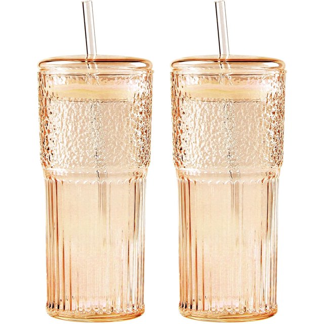 Vasos de vidrio GOSCHE con tapa y pajita, 20 oz, transparentes, para café helado, vintage, ondulados, para agua, café, té, transparentes, 2 unidades
