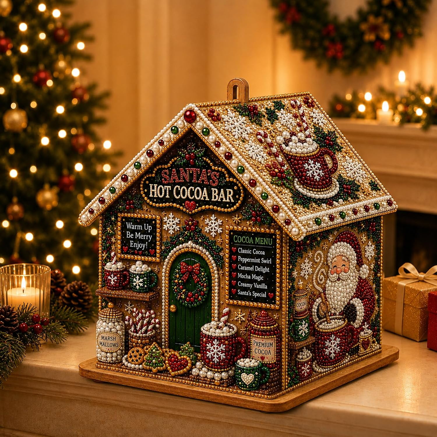 HaCpiu 3D Christmas House Pearl Diamond Painting Kit Wooden DIY Bead Art Craft Set for Adults Festive Holiday Tabletop Decor