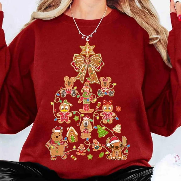 Disney Mickey & Friends Gingerbread Holiday Tree Light Sweatshirt, Disney Stitch Pooh Coquette Bow Xmas Sweatshirt, Disneyland Holiday Vacation 2025 Gifts, S-5XL Sweatshirt