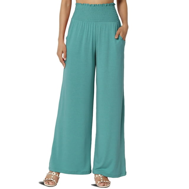 TheMogan Women's S~3X High Rise Smocked Elastic Waist Pull On Wide Leg Lounge Pants