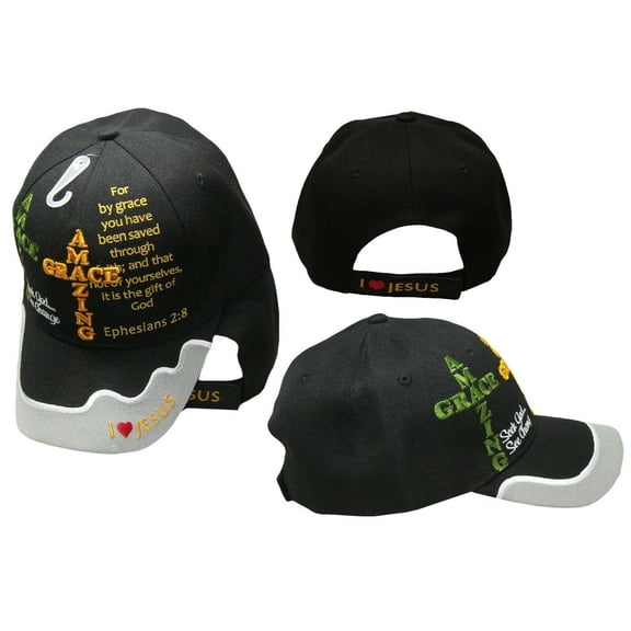 AMAZING GRACE Ephesians 2:8 Christian Black Grey Gray Hat Cap Saved By Grace