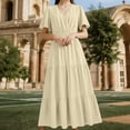 thumbnail image 5 of Vivianyo HD Women's Wrap V-Neck Tiered Midi Dress, Short Ruffle Sleeve Solid Elastic Waist Loose Casual Summer Dresses for Women Vacation, Women's Beige, Sizes S-2XL, 5 of 5