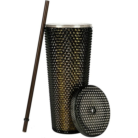 Studded Cup Tumbler Straw Lid -Casewin Plastic Double Walled Cup for iced Coffee, Water, Slush or Smoothies, Your Home Cinema Cup (Metallic Blue, 24 OZ / 700ml)