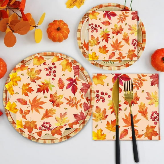 Upgraded HEROOY Plastic Tablecloth Thanksgiving Themed Tableware With Maple Leaf Patterns Suitable For Party Decoration And Catering 24pc U