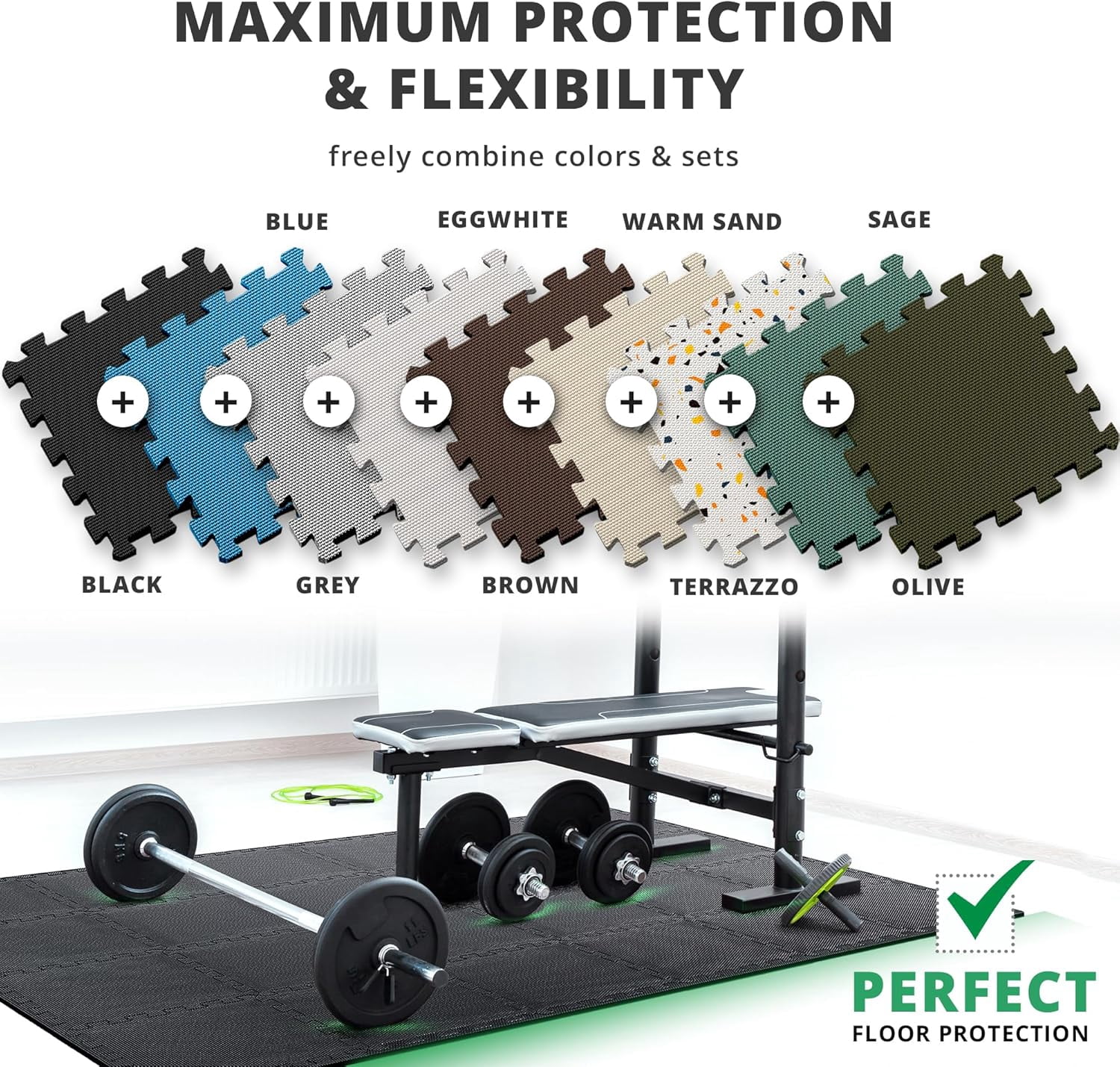 bemaxx Gym Mats Set-18pcs EVA Interlocking Foam Floor Tiles (12.6"x12.6"x0.4") 18sqft Protective Gym Flooring Sports Home Workout Exercise Mats Puzzle Garage Fitness Play-Room Garage Pool Treadmill