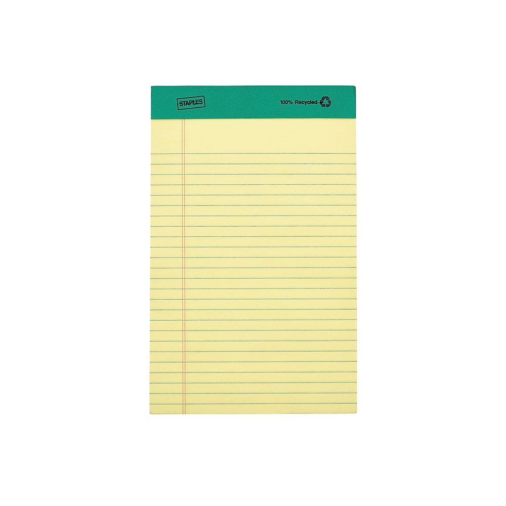Staples 100 Recycled Narrow Ruled Perforated Notepads Canary 5" x 8