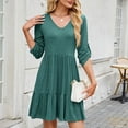 thumbnail image 5 of ZZwxWA Women's Casual V Neck Mid Sleeve Tunic Dress 2025 Smocked High Waist A-Line Tiered Mini Dresses, 5 of 6