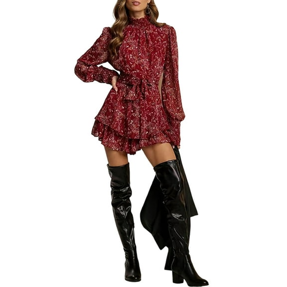Women'S Floral Long Puff Sleeve Dress Chiffon Mock Neck Tie Waist Ruffle Layered Mini Dresses Deep Red XS