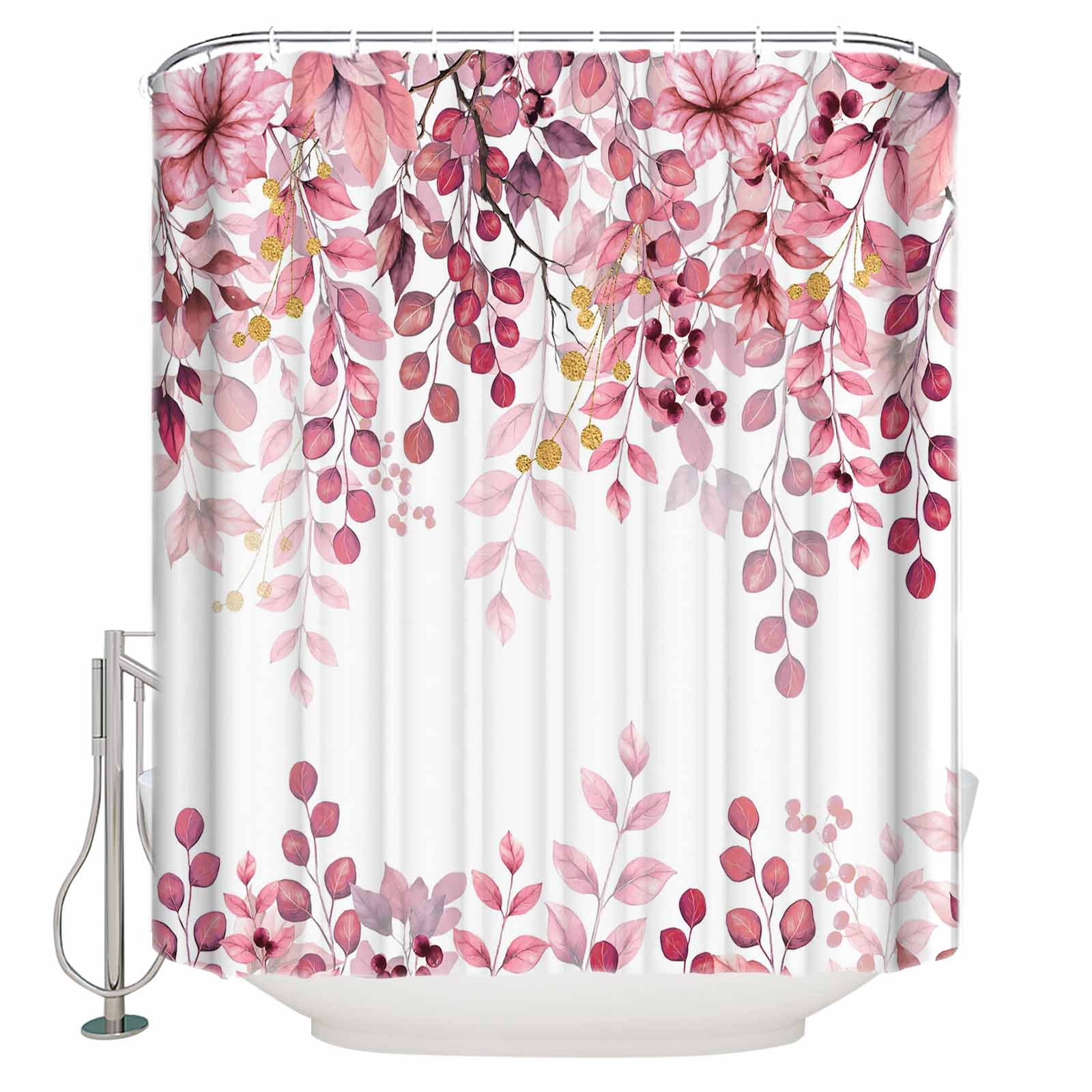 Pink Eucalyptus Bathroom Curtain 72 Inch Shower Curtain with Hooks, Gold Branches Vintage Flower Plant Waterproof Polyester Bath Curtain Washable Bathtub Curtain 66''x 72''