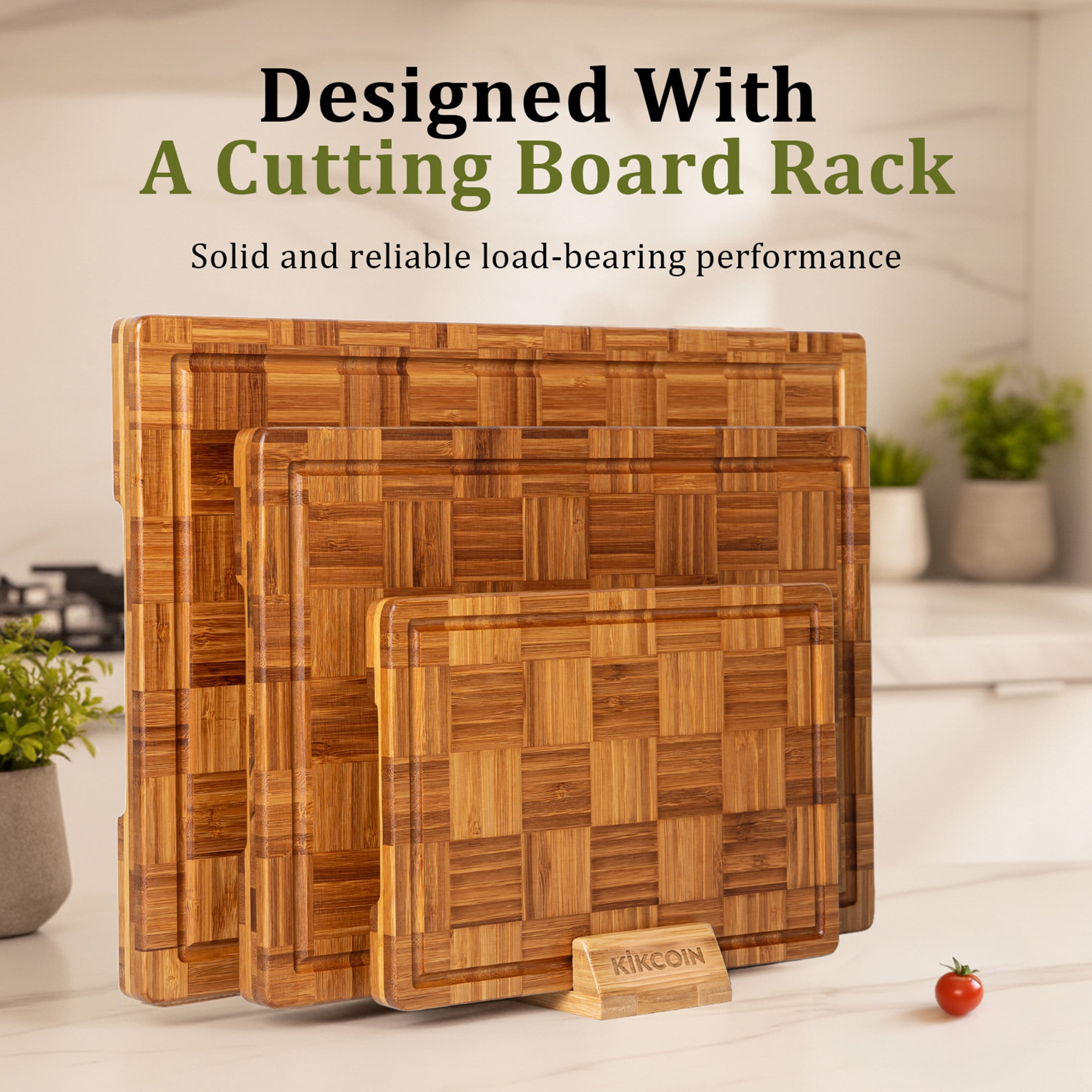 Kikcoin 4-piece Extra Large Bamboo Cutting Board, Wood Chopping Board for Kitchen with Juice Groove, Butcher Block End Grain Serving Tray