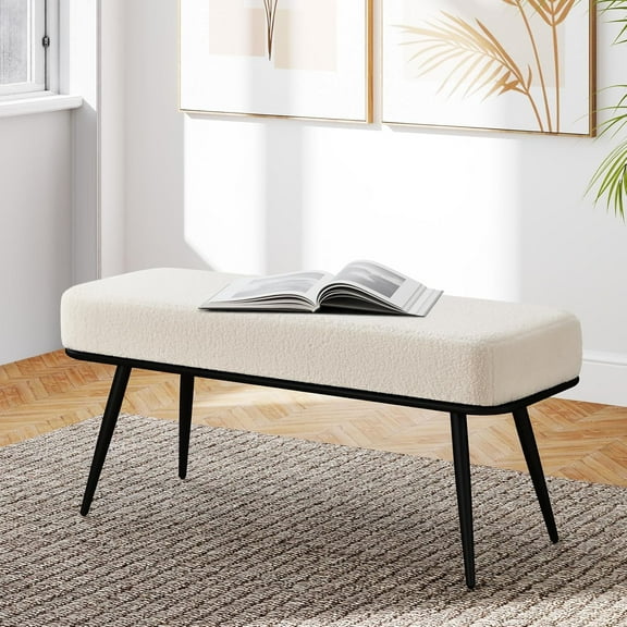 Entryway Bench For Bedroom End Of Bed, 43.3-Inch Teddy Ottoman Bench For Living Room, Upholstered Bed Bench with Padded Seat,Mid Century Modern Dining Bench With Solid Metal Leg for Indoor