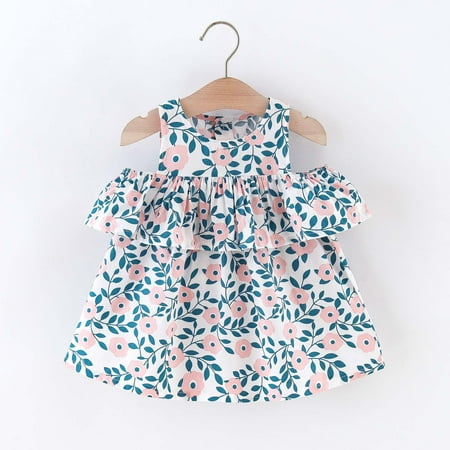 

XMMSWDLA Toddler Girl Clothes Baby Girls Floral Print Cotton Dress Ruffled Drop Shoulder Dress Sales Clearance