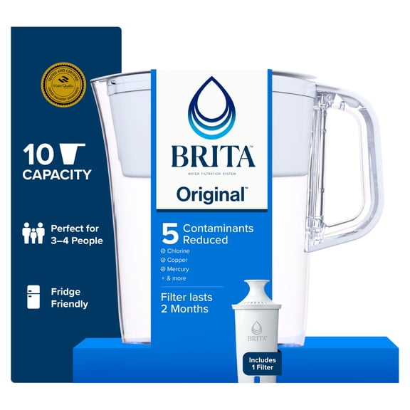 Brita 10 Cup Large Plastic Water Filter Pitcher, White, BPA Free with 1 Standard Brita Filter
