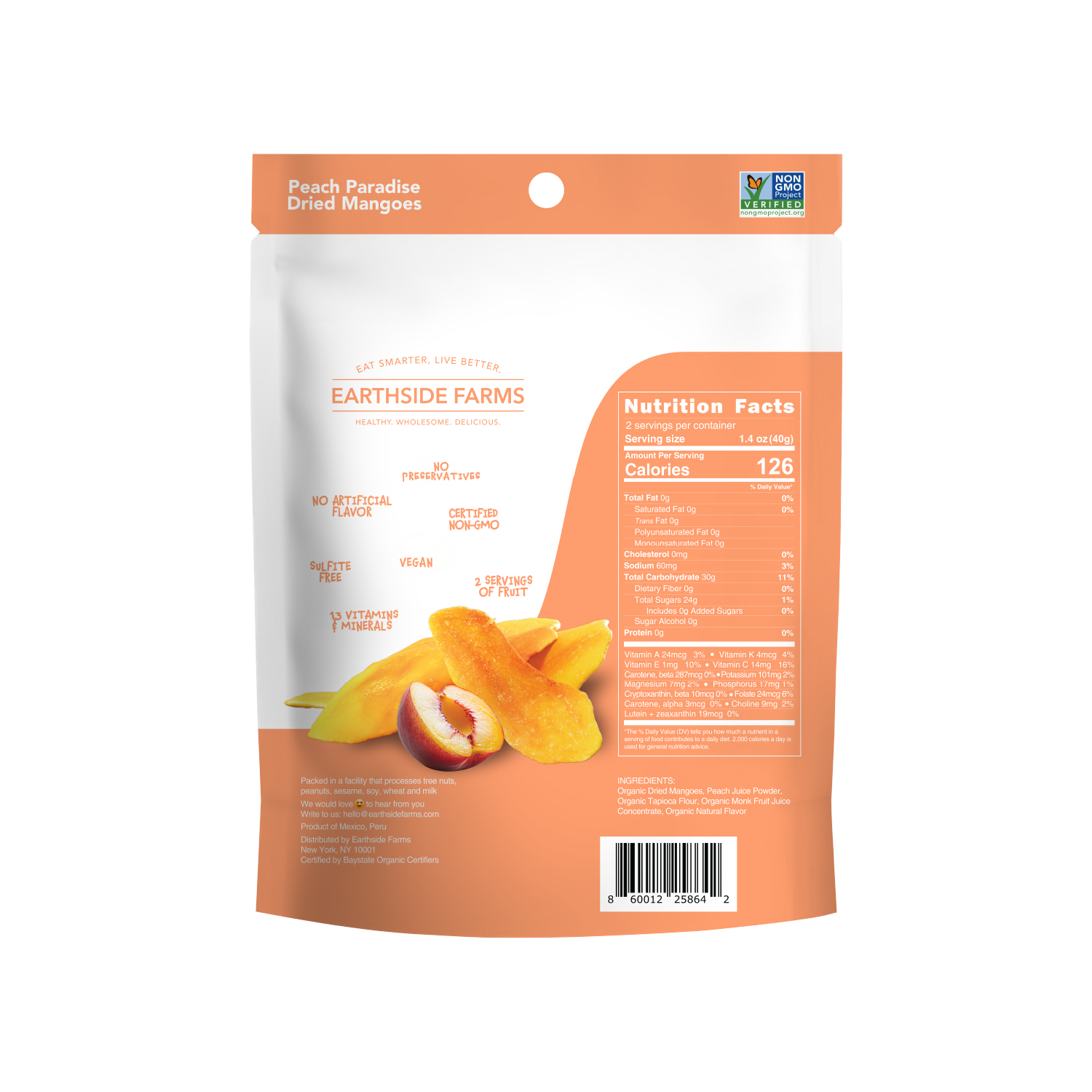 Earthside Farms Peach Paradise Dried Organic Mangoes, Dried Fruit 2.8 oz, 6 Pack