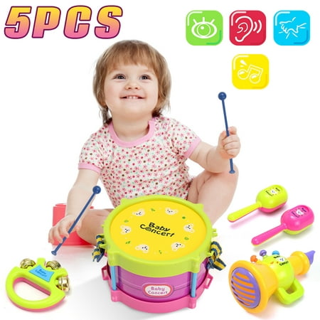 On Clearance Kids Fashion 5pcs Kids Baby Learning Toy Roll Drum Musical Instruments Band Kit Children Toy Set Xmas