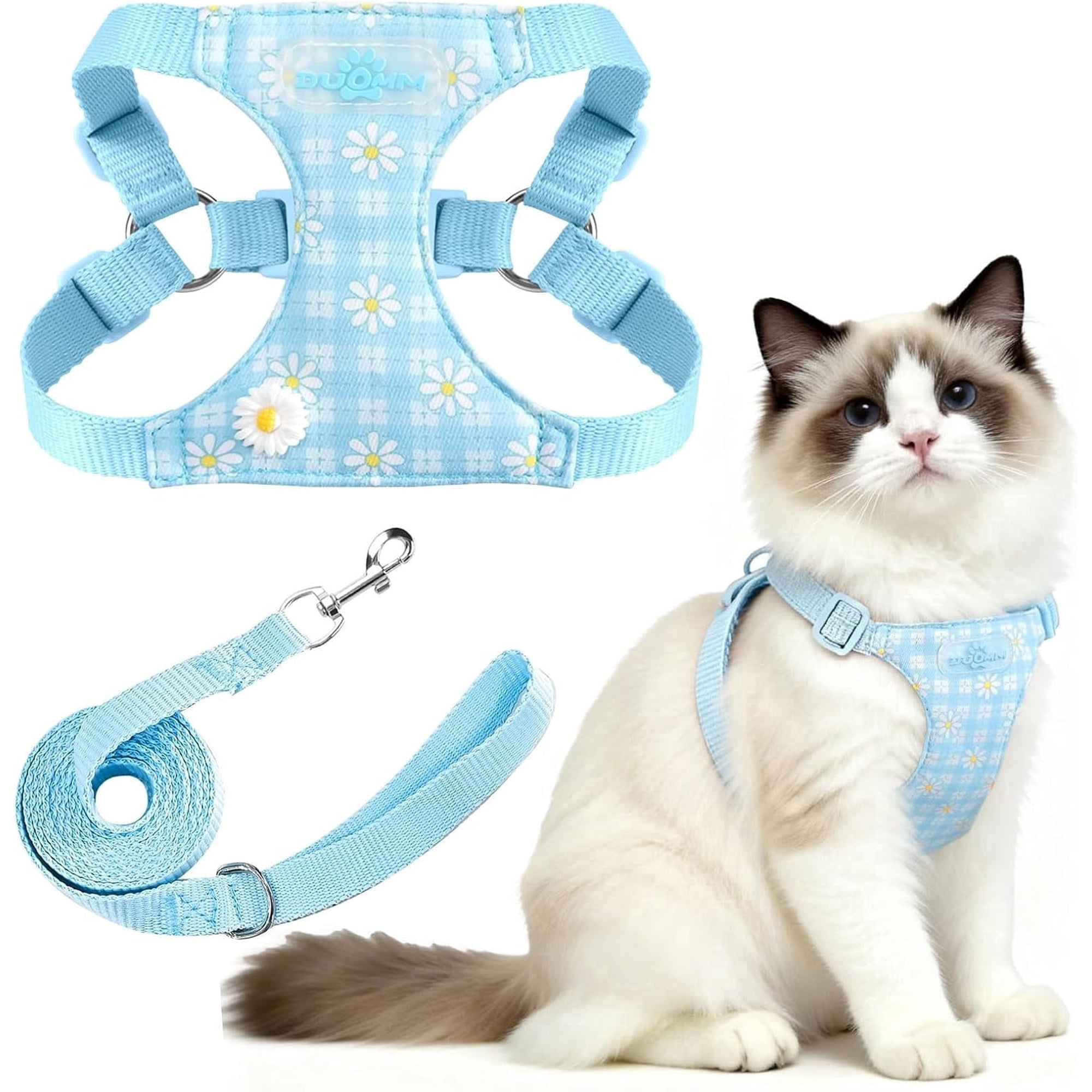 Cute Cat Harness and Leash Set Blue Floral Daisy Cat Vest Harness Lightweight Adjustable Step in Spring Summer Soft Mesh Sunflower Cats Walking Harnesses and Leash
