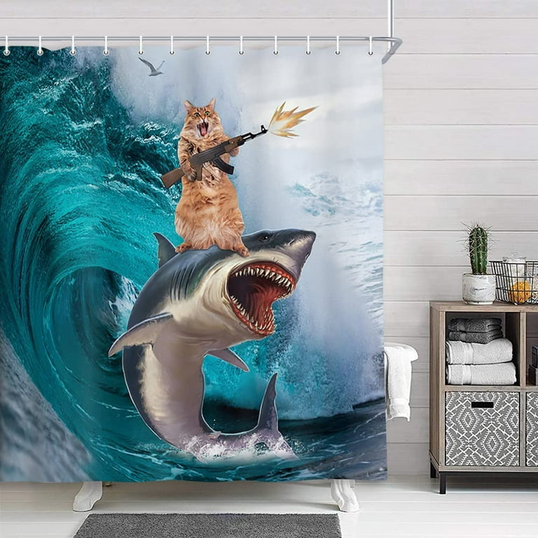 Funny Cat Shower Curtain for Kids Bathroom, Cool Cat Riding Whale Shark on  Ocean Waves Polyester Fabric Shower Curtains, Nautical Blue Aqua Teal