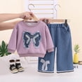 thumbnail image 2 of mgoYE Toddler Baby Girl Clothes Fall Winter Outfit Bow Sweatshirt Denim Jeans Outfits 4-5 Years, 2 of 5