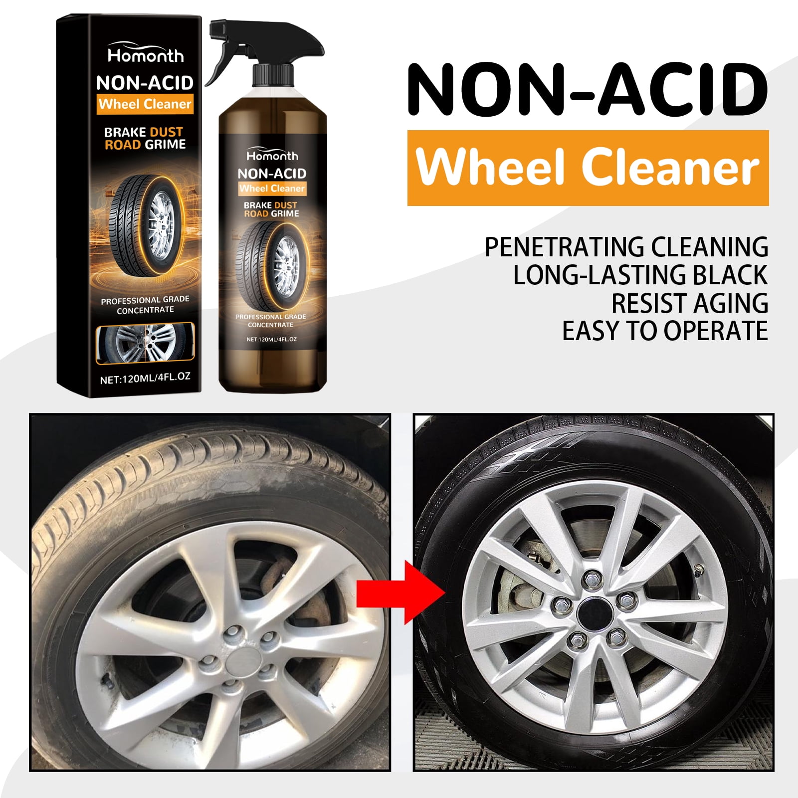 Homonth Non-Acid Wheel Cleaner, Wheel Hub Renovation Cleaning And Polishing Maintenance Multi-Functional Cleaning Agent
