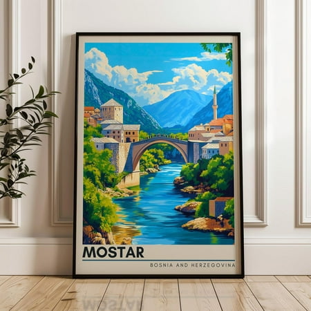 Mostar Travel Poster - Bosnia And Herzegovina Wall Art Print, Illustration Poster Home & Office Decor, Gift Idea, Balkan Travel Wall Print Wall Art, Modern Wall Decor, 12x18 UNFRAMED