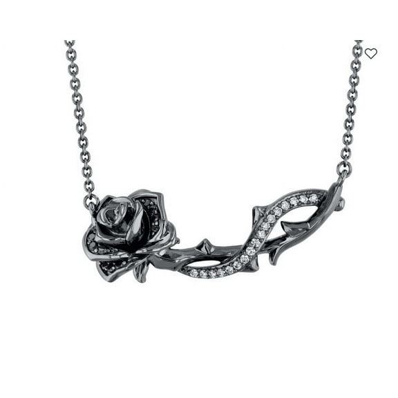 Enchanted Villains Maleficent White & Black Diamond Rose Necklace with 18" chain Black Gold Vermeil Black Rose with thorns Necklace gift for her