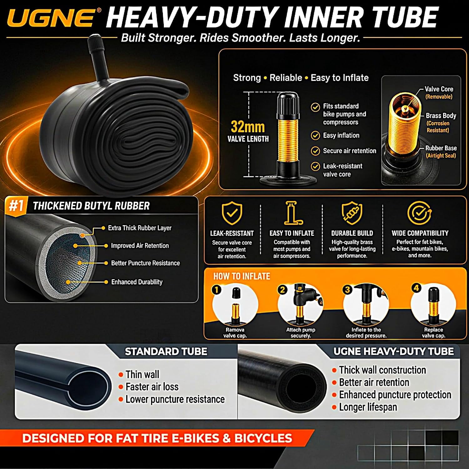 16x4.0 Fat E-Bike Tire Kit with Schrader Tubes, Heavy Duty Puncture Resistant All-Terrain Fat Bike 2 Tires + 2 Tubes
