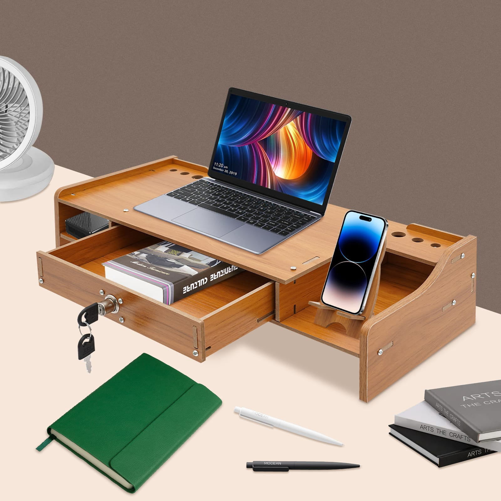 Peakora Wooden Computer Monitor Stand Ergonomic Computer Rack with Lockable Drawer Monitor Stand with Phone Holder for Homes Schools Offices
