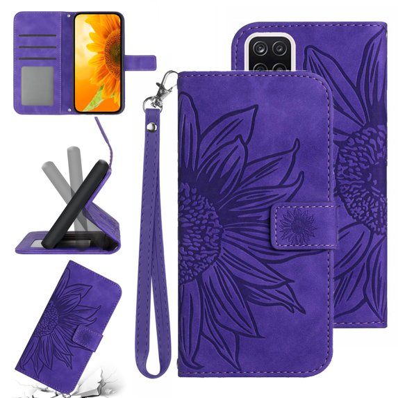 Feishell Slim Wallet Case for Samsung Galaxy A42 5G,for Men Women,Sunflower Embossed Pattern PU Leather Flip Cover Magnetic Closure Folio Card Slots Kickstand Phone Case with Hand Strap,Darkpurple